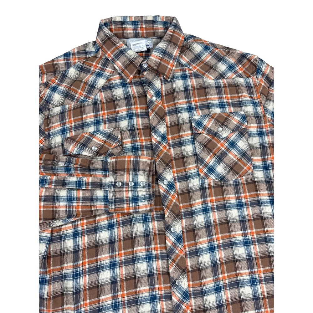 Wrangler Shirt Men's XL Brown Blue Plaid Flannel Snap Button Long Sleeve
